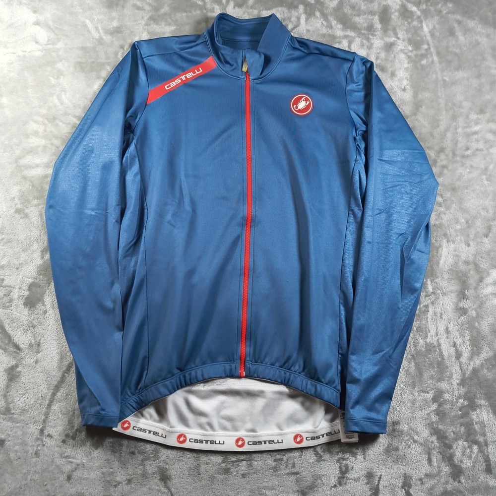 Castelli Puro Jersey Mens Large Blue Long Sleeve Full Zip Pockets Cycling